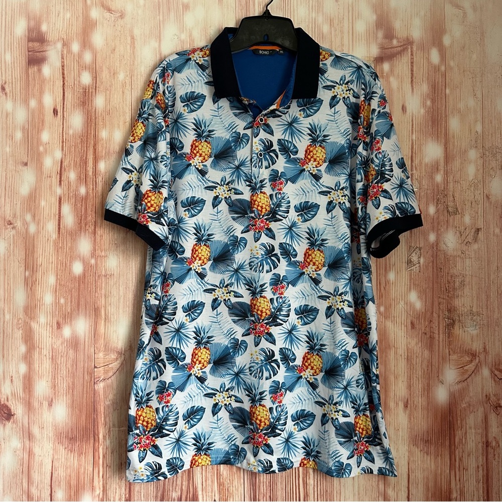 Bohio Blue Floral Pineapple Palm Leaf Print Hawaiian Polo Shirt Size XL